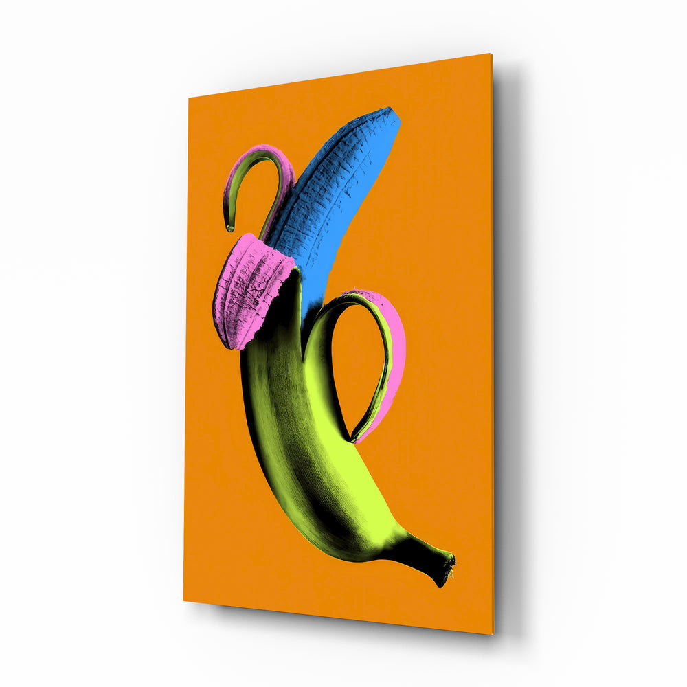 Pop banana glass wall art in a modern kitchen