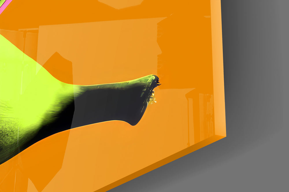 Close-up detail of the cobalt and magenta peel on tangerine background behind glass