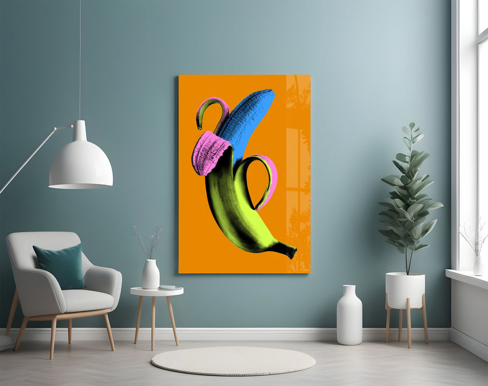 Pop-art banana artwork styled in a dining room with vibrant accents