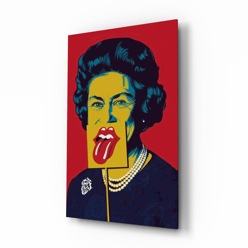 Queen Elizabeth pop glass wall art in a modern creative office