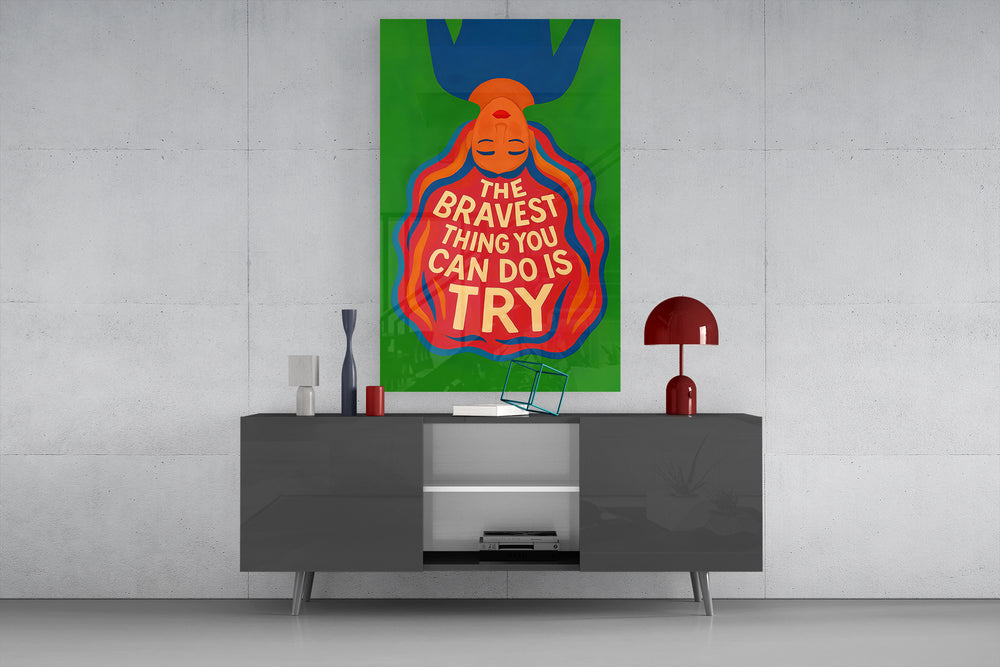 Affirmation poster glass wall art catching light to reveal its illustrated palette