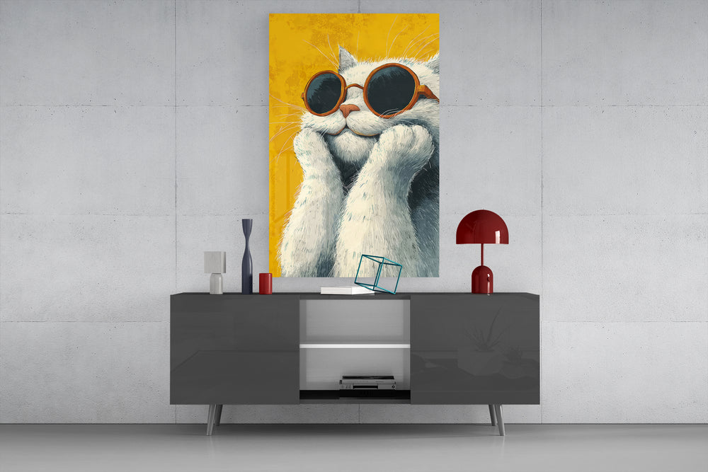 Cool Cat glass wall art catching light to reveal its illustrated detail