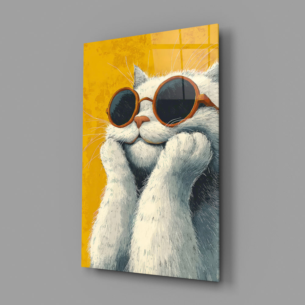 Illustrated cat panel anchoring a creative office wall