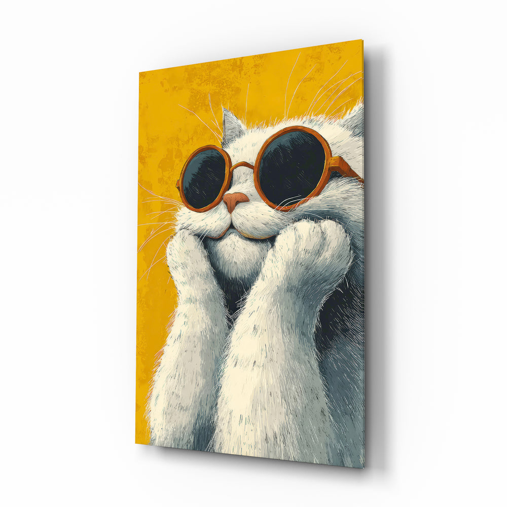 Cool Cat yellow-shades glass wall art in a modern children's bedroom
