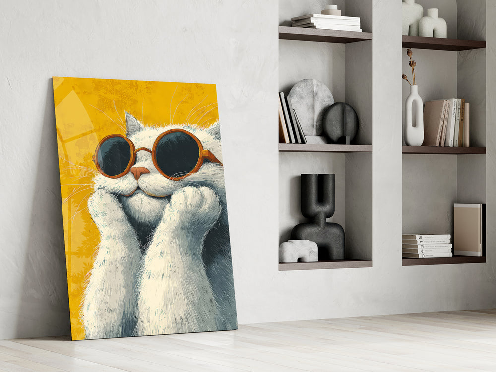 Illustrated cat artwork in a contemporary reading nook
