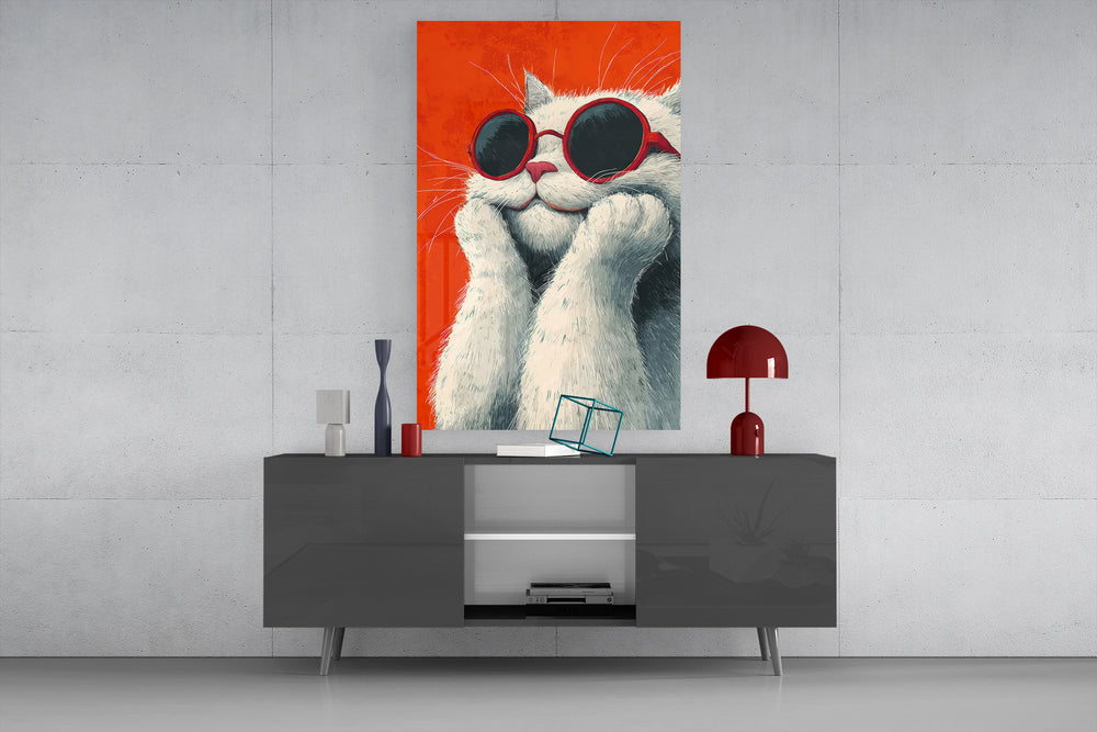 Cool Cat glass wall art catching light to reveal its illustrated detail