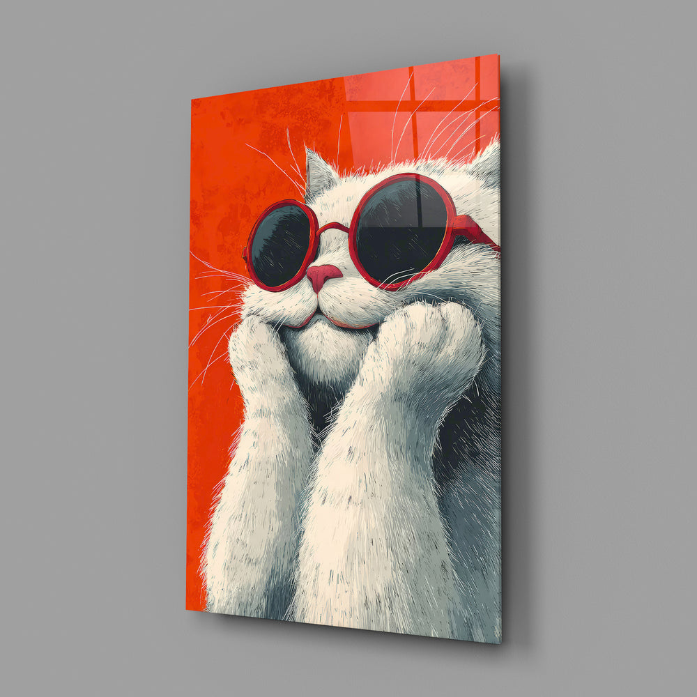 Illustrated cat panel anchoring a creative office wall