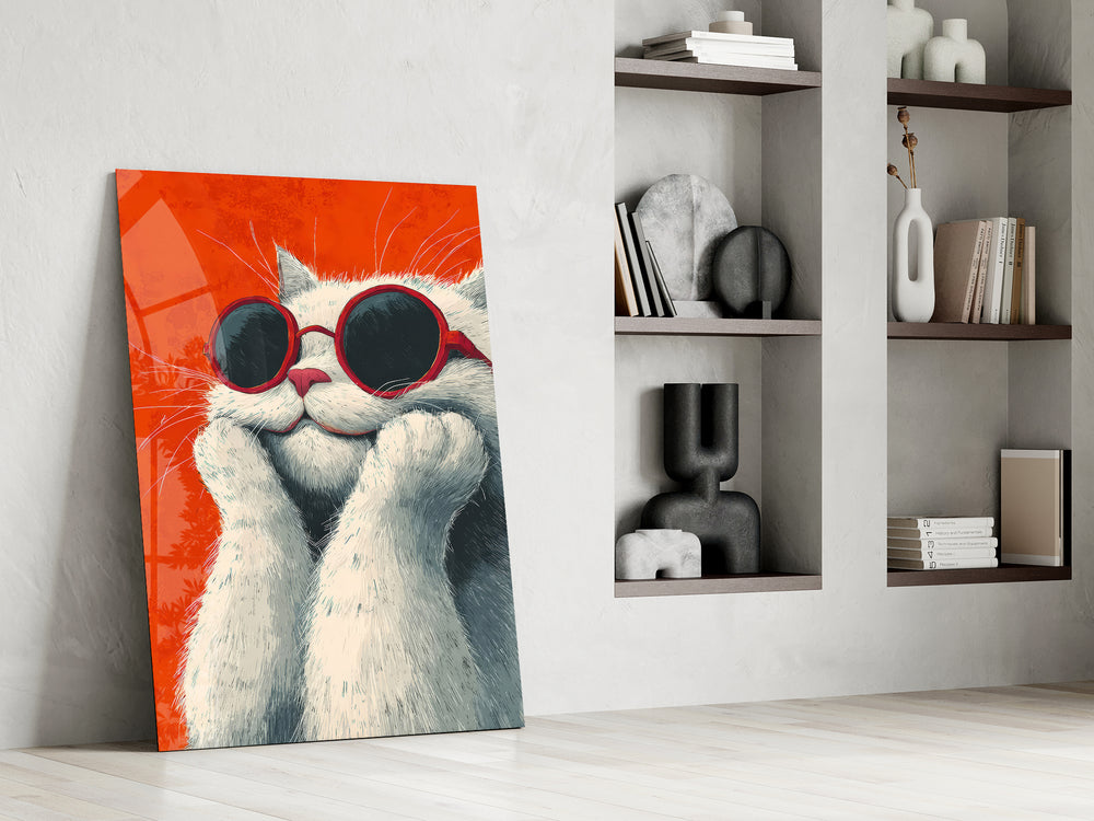 Illustrated cat artwork in a contemporary reading nook