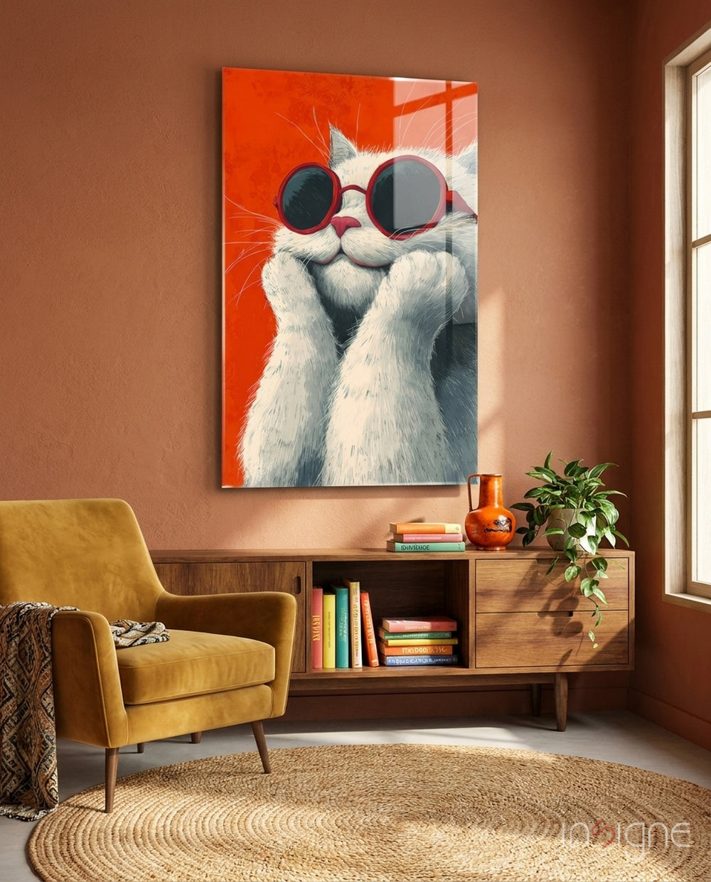 Cool Cat in Shades Glass Wall Art - Lifestyle preview in a designer interior