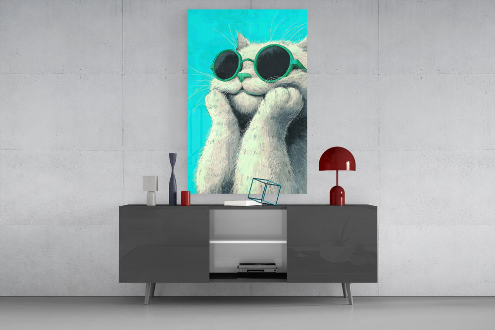 Cool Cat glass wall art catching light to reveal its illustrated detail