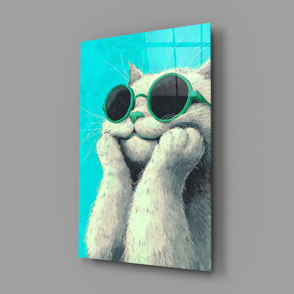 Illustrated cat panel anchoring a coastal café wall
