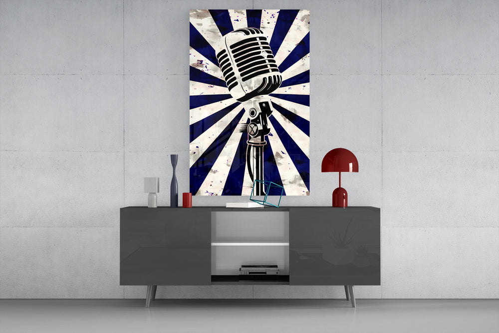 Vintage microphone glass wall art catching light to reveal its grunge texture