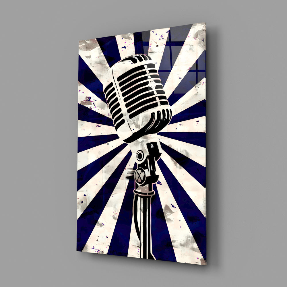 Retro navy-poster panel anchoring a podcast room wall