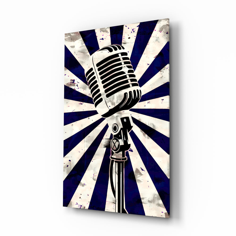 Vocal Icon blue-sunburst microphone glass wall art in a recording studio
