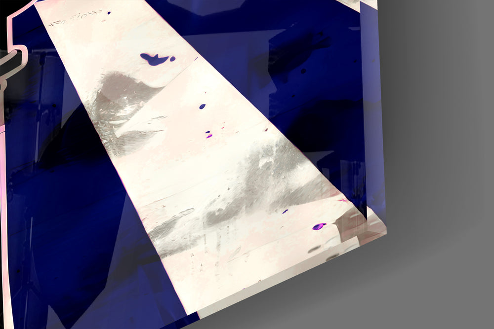 Close-up detail of the chrome microphone on navy and cream rays behind glass