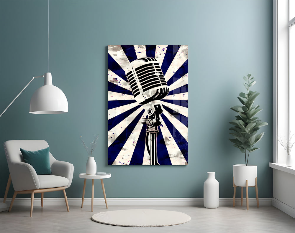 Vintage microphone artwork styled in a music lounge interior