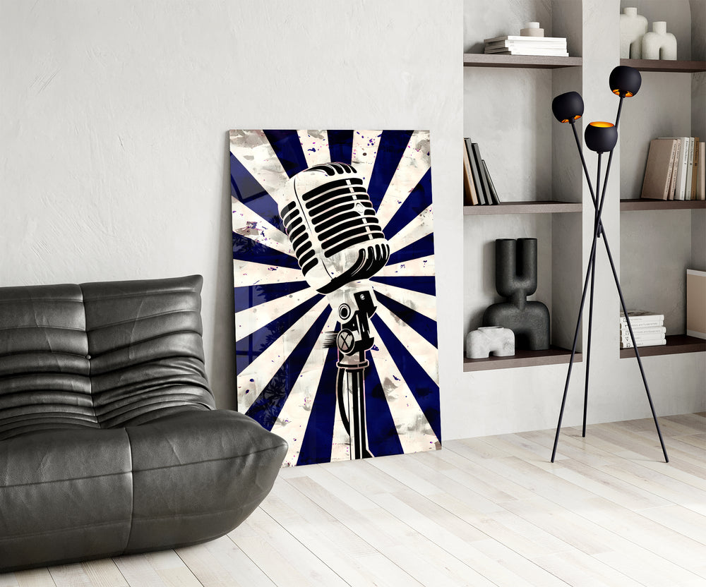 Sunburst microphone panel against a brick or moody-painted bar wall