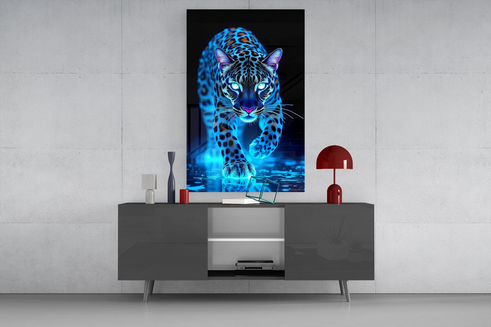 Neon leopard glass wall art catching light to reveal its glowing rosettes