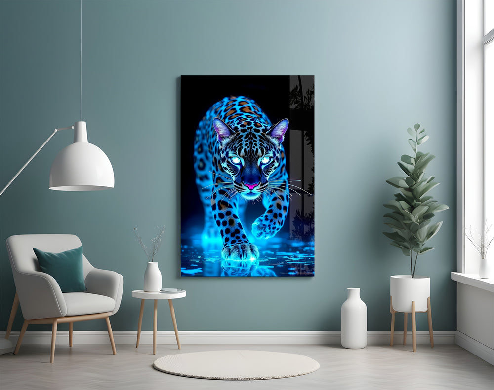 Neon leopard artwork styled in a cinema-room accent wall