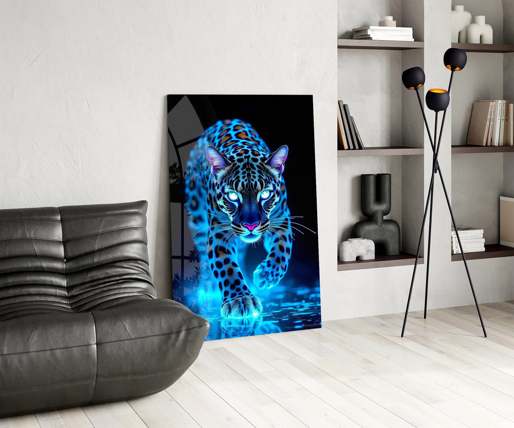 Neon leopard panel against a moody dark-painted wall