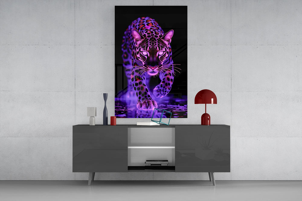 Neon leopard glass wall art catching light to reveal its glowing rosettes