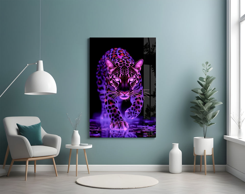 Neon leopard artwork styled in a cinema-room accent wall