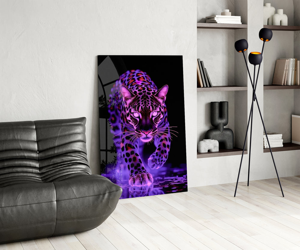 Neon leopard panel against a moody dark-painted wall