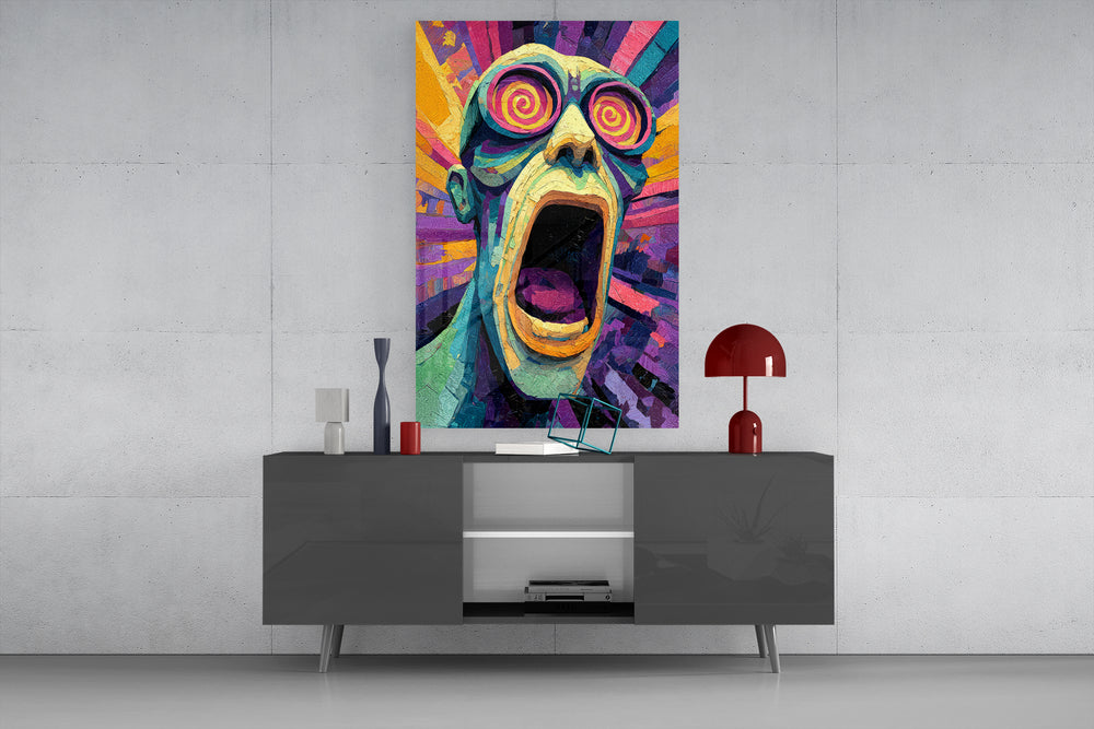 Scream of the Mind glass wall art catching light to reveal its impasto carving