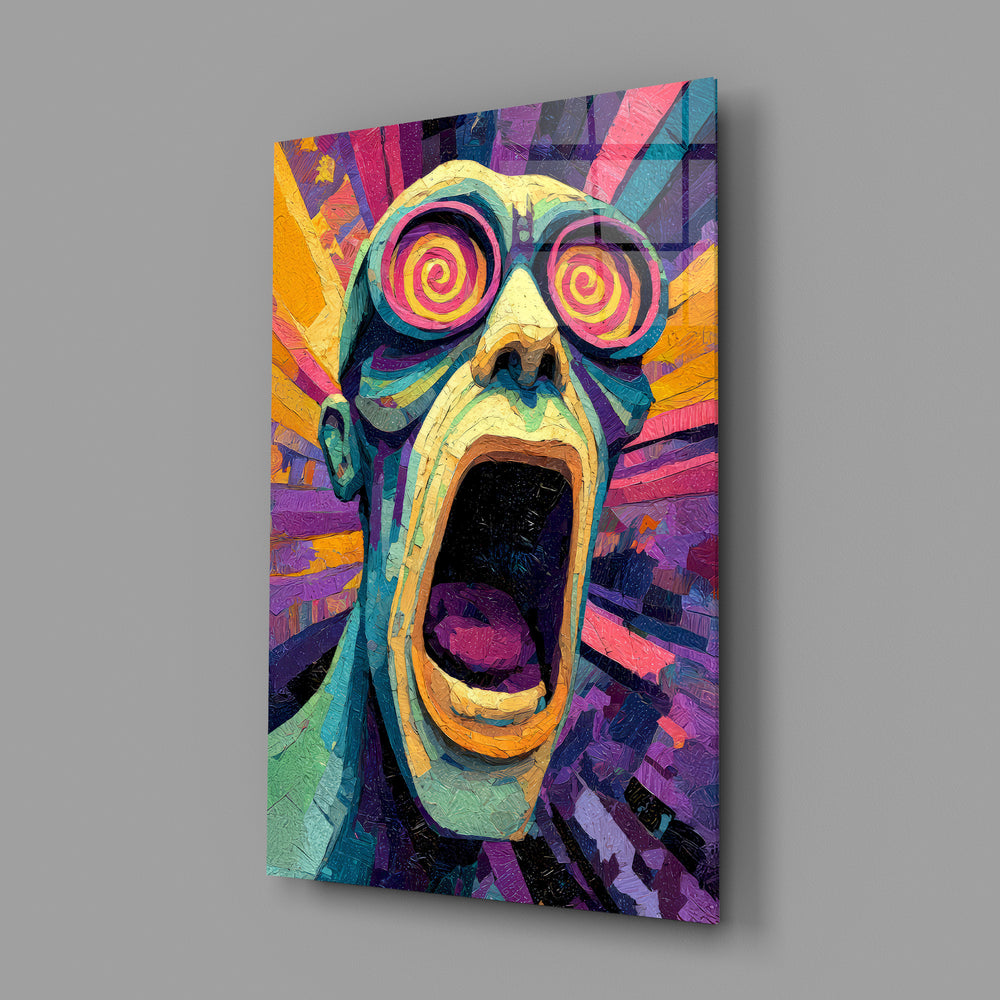 Impasto scream-portrait panel anchoring a creative loft wall