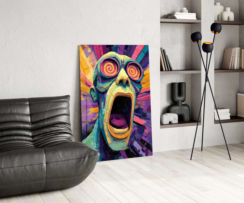 Scream-portrait panel against a moody dark-painted wall