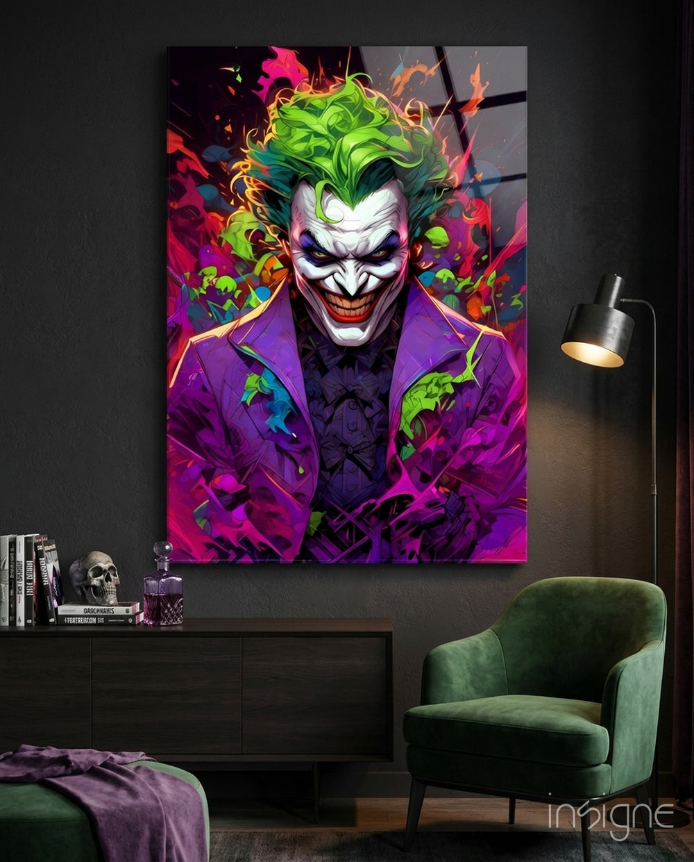 Joker's Chaos Glass Wall Art - Lifestyle preview in a designer interior