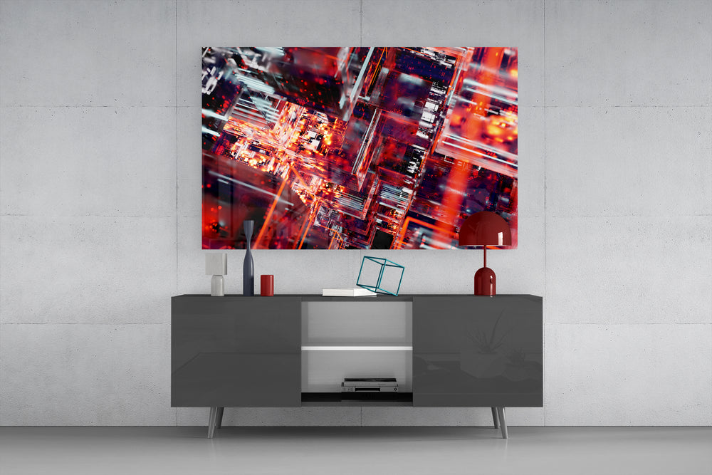 Cyber Grid glass wall art catching light to reveal its glowing facets