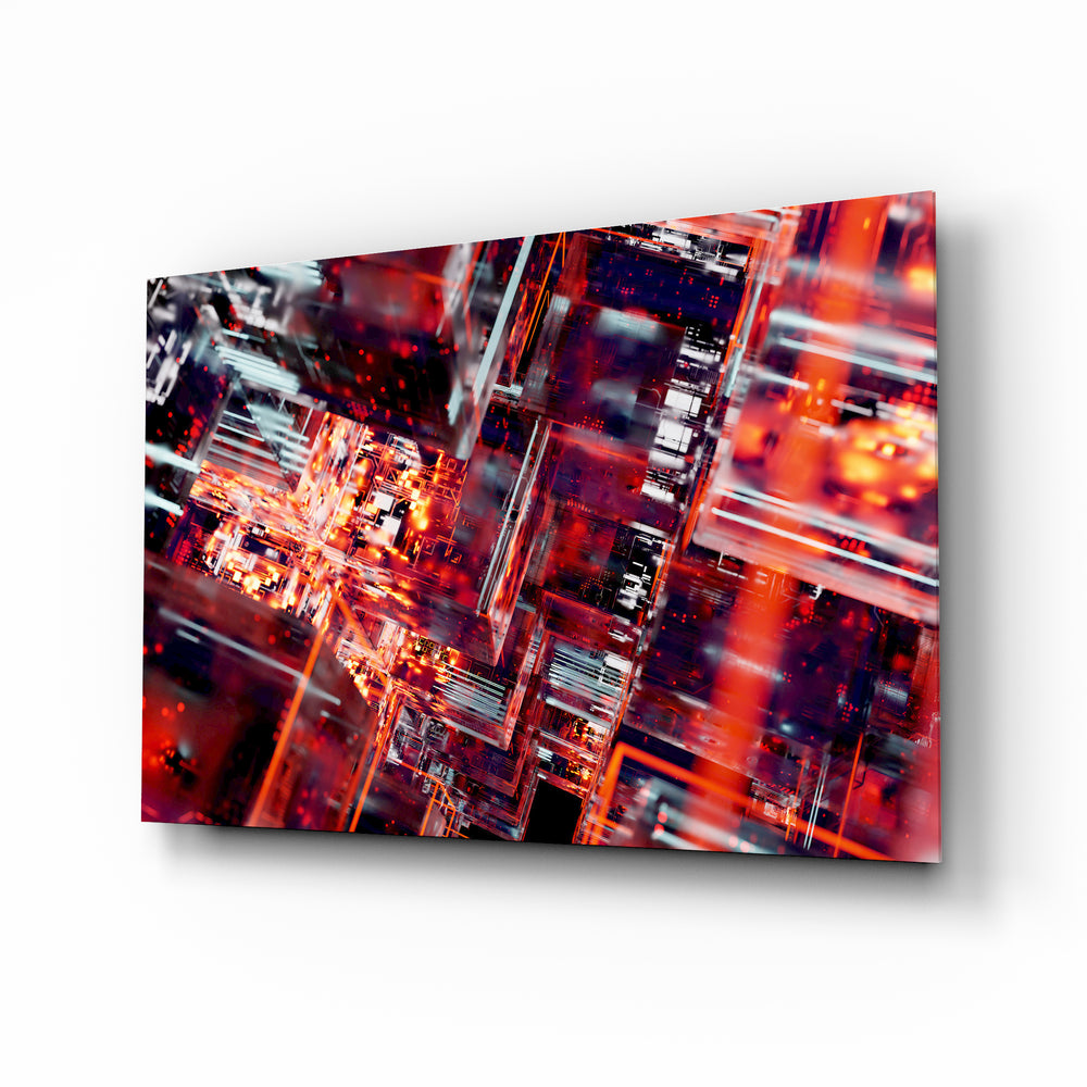 Cyber Grid digital-matrix glass wall art in a modern gaming room