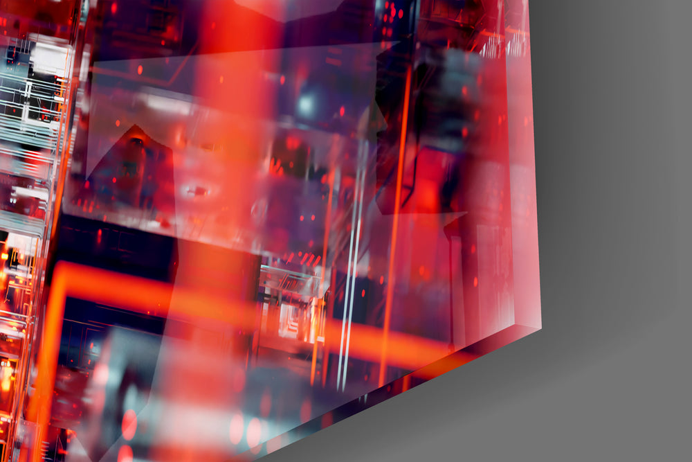 Close-up detail of the molten geometry and ember light behind glass