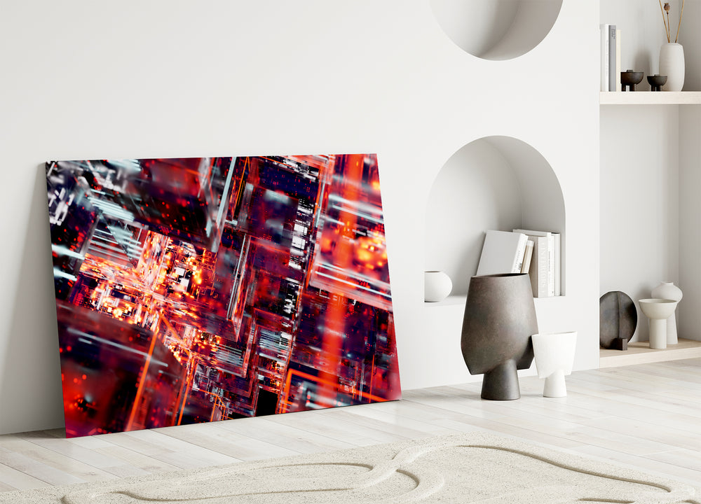 Sci-fi glass print bringing cyber edge to a cinema-room accent wall