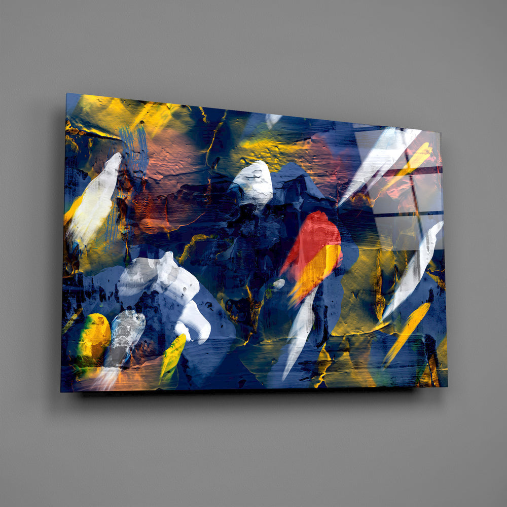 Painterly abstract panel anchoring a hotel lobby wall