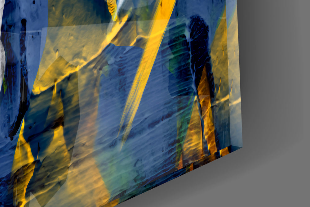 Close-up detail of the impasto navy, ivory and crimson strokes behind glass