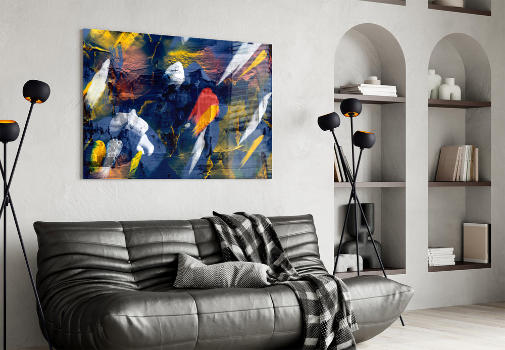 Abstract artwork styled in a master bedroom with neutral palette