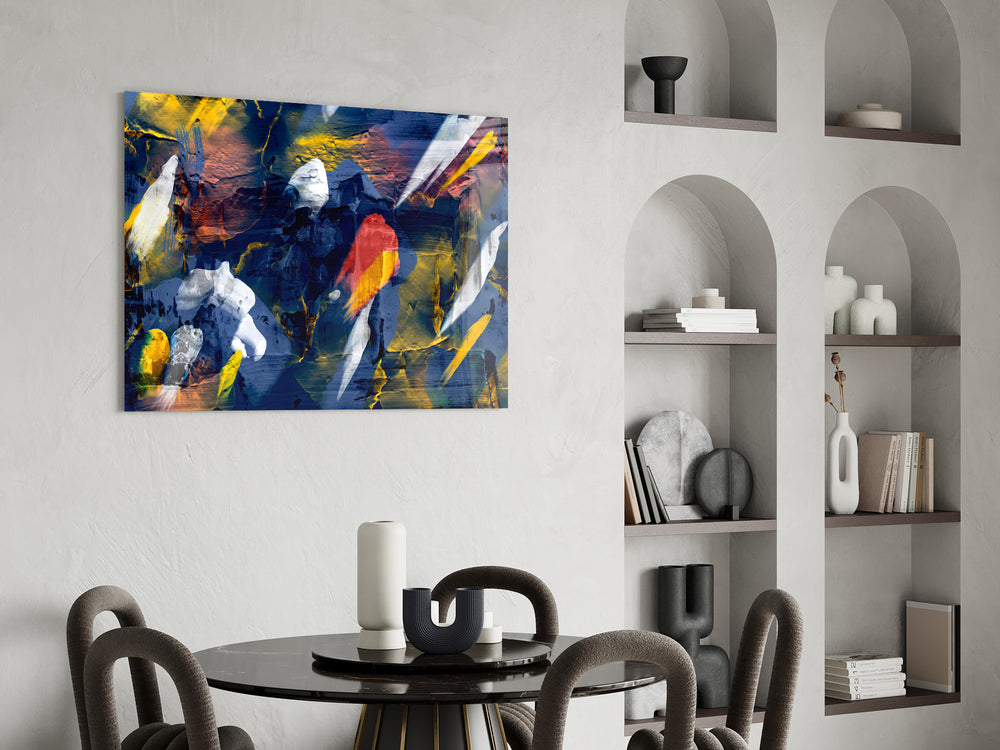 Abstract panel against a soft sand-painted accent wall