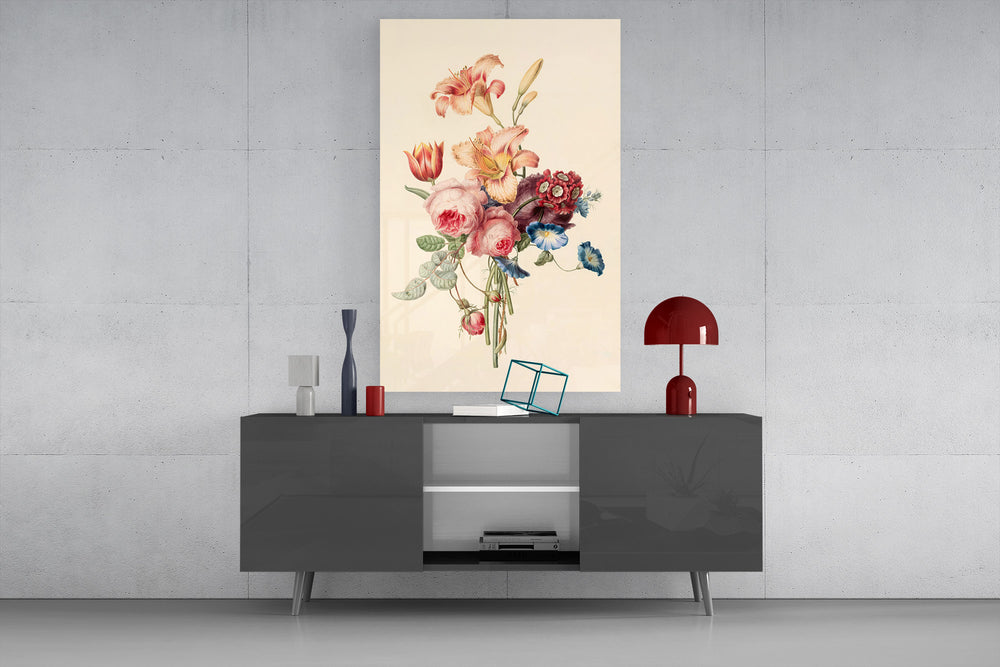 Floral bouquet glass wall art catching light to reveal its watercolor washes