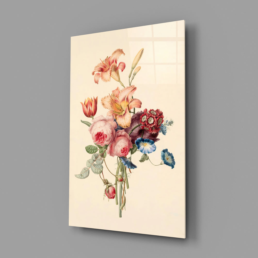 Classical botanical panel anchoring a powder-room wall