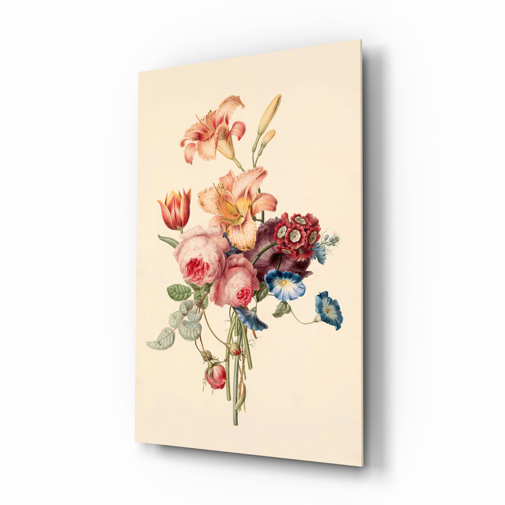Elegant floral bouquet glass wall art in a modern dining room