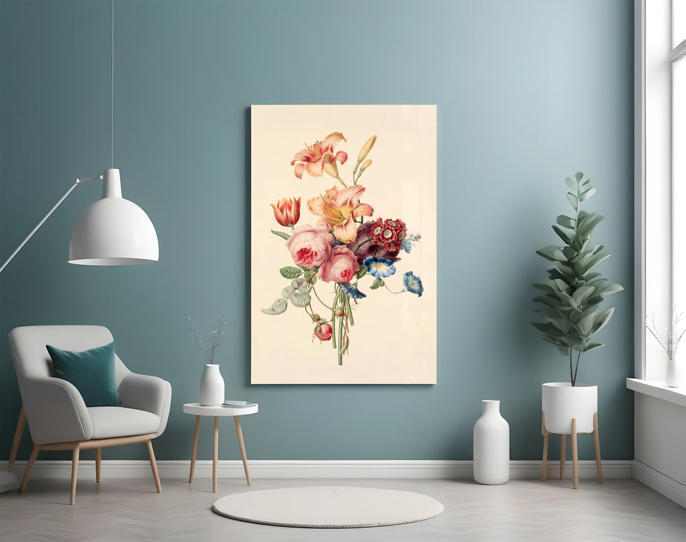 Botanical artwork styled in a guest bedroom with soft palette