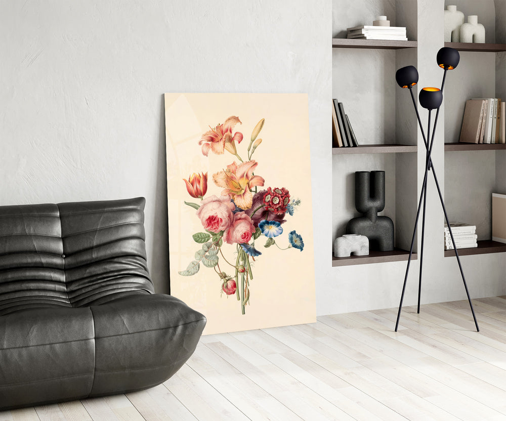 Botanical bouquet panel against a warm-cream painted accent wall