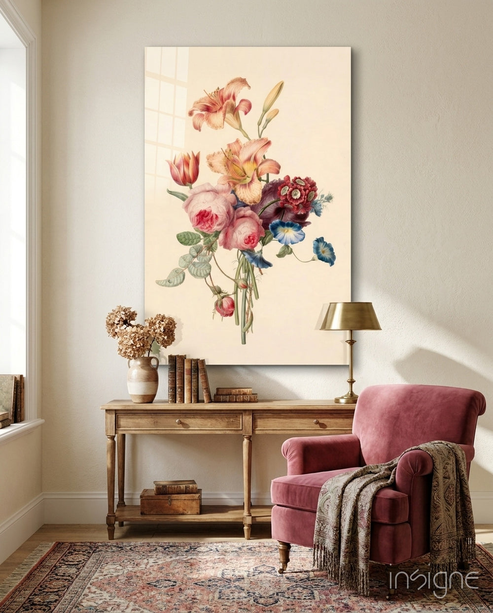 Elegant Floral Bouquet Glass Wall Art - Lifestyle preview in a designer interior