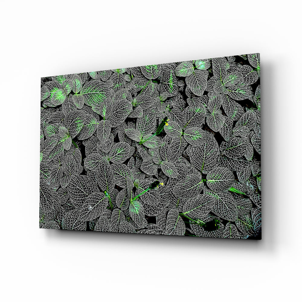 Luminous leaf-veins moody botanical glass wall art in a modern study
