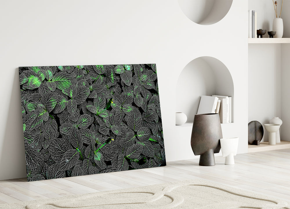 Dark-jungle glass print bringing biophilic calm to a spa interior