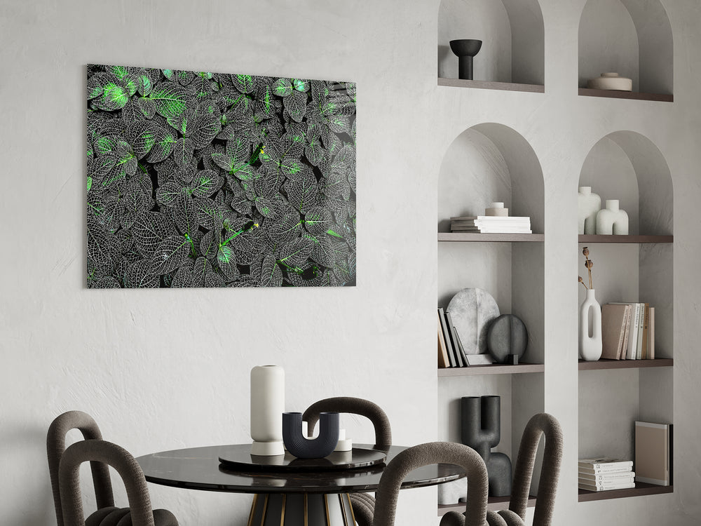 Foliage panel against a deep-green painted accent wall