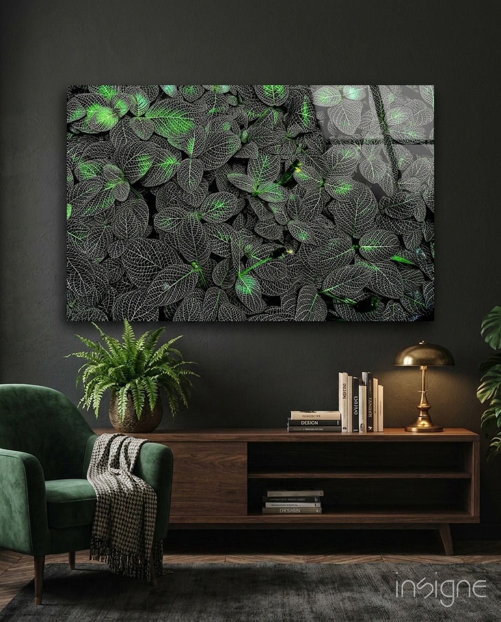 Luminous Leaf Veins Glass Wall Art - Lifestyle preview in a designer interior