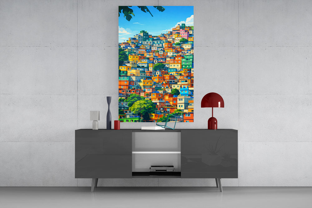 Hillside houses glass wall art catching light to reveal its painterly charm